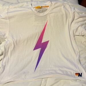 Aviator Nation White Tee with Pink and Purple Lightning Bolt